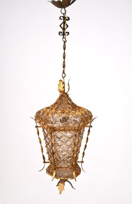 Mid-Century Venetian Mouth-Blown Glass Lantern in Gold Painted Metal Frame, 1940s-JDR-1288507