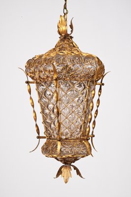 Mid-Century Venetian Mouth-Blown Glass Lantern in Gold Painted Metal Frame, 1940s-JDR-1288507