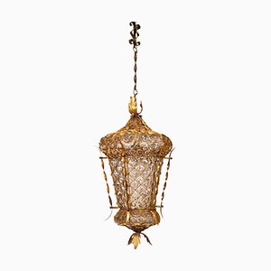 Mid-Century Venetian Mouth-Blown Glass Lantern in Gold Painted Metal Frame, 1940s-JDR-1288507