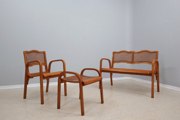 Mid-Century Vienna Straw Bench and Armchair, 1940s, Set of 3-ZQ-1388885