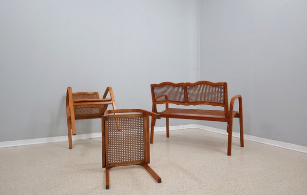 Mid-Century Vienna Straw Bench and Armchair, 1940s, Set of 3-ZQ-1388885