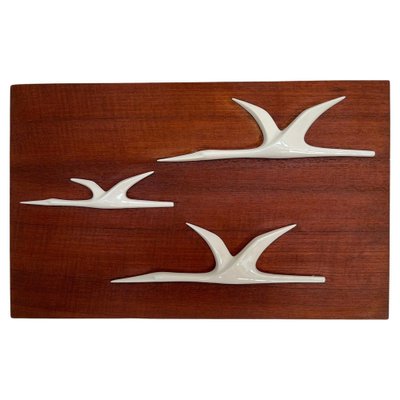 Mid-Century Wall Decoration of Birds in Teak and Porcelain, 1960s-TZ-1362441