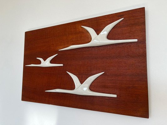 Mid-Century Wall Decoration of Birds in Teak and Porcelain, 1960s-TZ-1362441