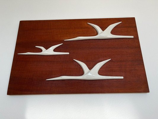 Mid-Century Wall Decoration of Birds in Teak and Porcelain, 1960s-TZ-1362441