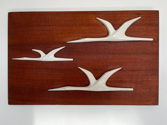 Mid-Century Wall Decoration of Birds in Teak and Porcelain, 1960s-TZ-1362441