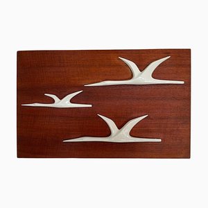 Mid-Century Wall Decoration of Birds in Teak and Porcelain, 1960s-TZ-1362441