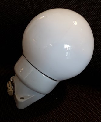 Mid-Century Wall Lamp with Opaque White Pressed Glass Globe & White Porcelain Mount, 1950s