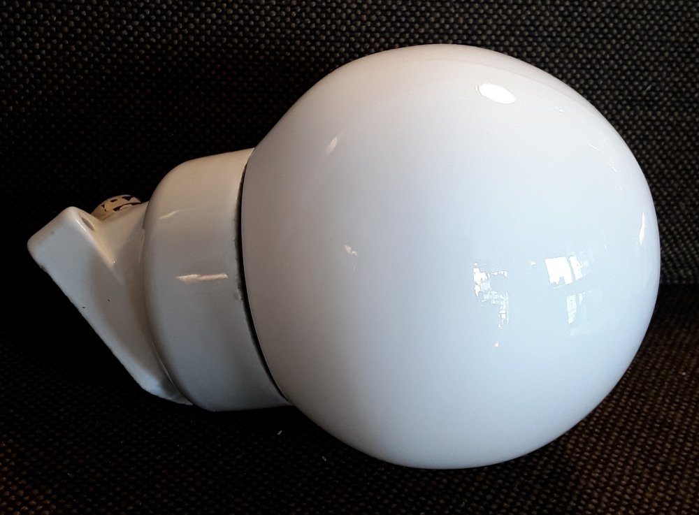 Mid-Century Wall Lamp with Opaque White Pressed Glass Globe & White Porcelain Mount, 1950s