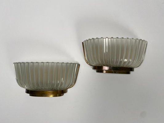 Mid-Century Wall Lamps in Brass and Glass, 1940s, Set of 2-KKZ-1814292