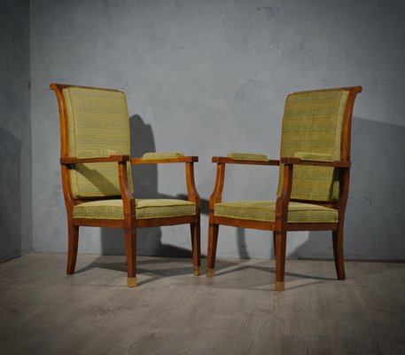 Mid-Century Walnut Brass & Velvet Armchairs, 1950, Set of 2-UH-1180616