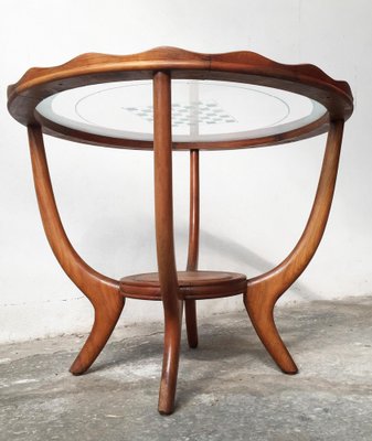 Mid-Century Walnut Low Table with Circular Transparent Glass & Checkerboard Pattern Attributed to Osvaldo Borsani-GGK-1013161