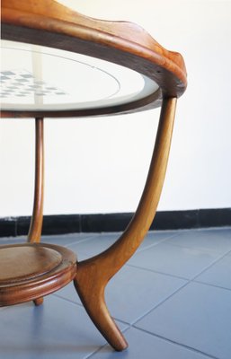 Mid-Century Walnut Low Table with Circular Transparent Glass & Checkerboard Pattern Attributed to Osvaldo Borsani-GGK-1013161