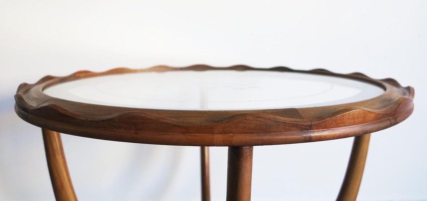 Mid-Century Walnut Low Table with Circular Transparent Glass & Checkerboard Pattern Attributed to Osvaldo Borsani-GGK-1013161