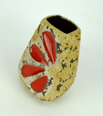 Mid-Century West German Fat Lava Ceramic Vase with Beige on Dark Brown Glaze & Red Leaf Decoration from Emons & Soehne-FH-934772