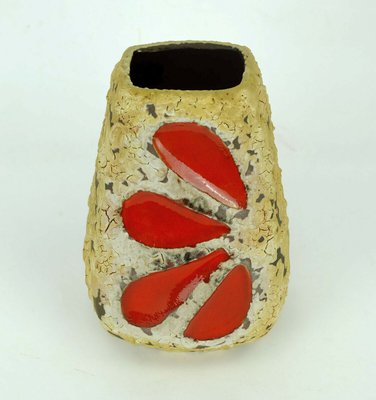 Mid-Century West German Fat Lava Ceramic Vase with Beige on Dark Brown Glaze & Red Leaf Decoration from Emons & Soehne-FH-934772