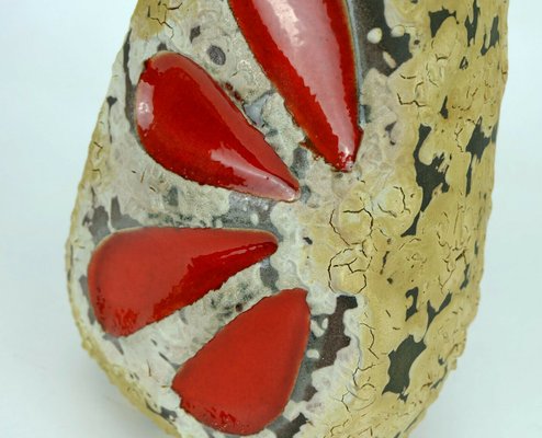 Mid-Century West German Fat Lava Ceramic Vase with Beige on Dark Brown Glaze & Red Leaf Decoration from Emons & Soehne-FH-934772