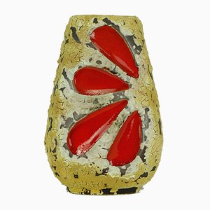 Mid-Century West German Fat Lava Ceramic Vase with Beige on Dark Brown Glaze & Red Leaf Decoration from Emons & Soehne-FH-934772