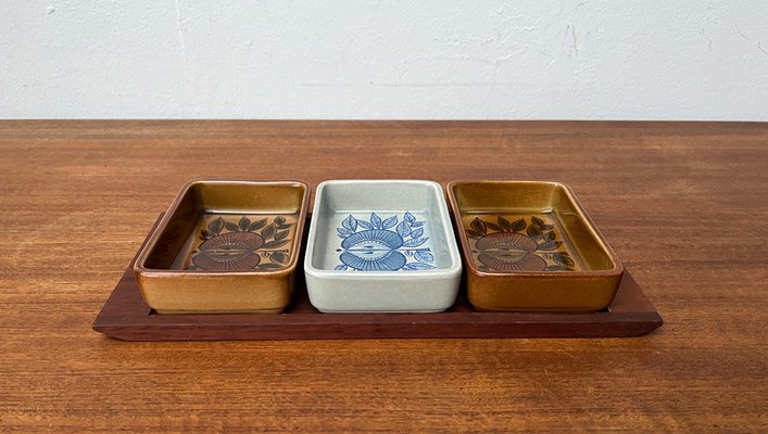 Mid-Century West German Pottery WGP Stacking Bowls with Teak Tray, 1960s, Set of 4-UAH-1796996