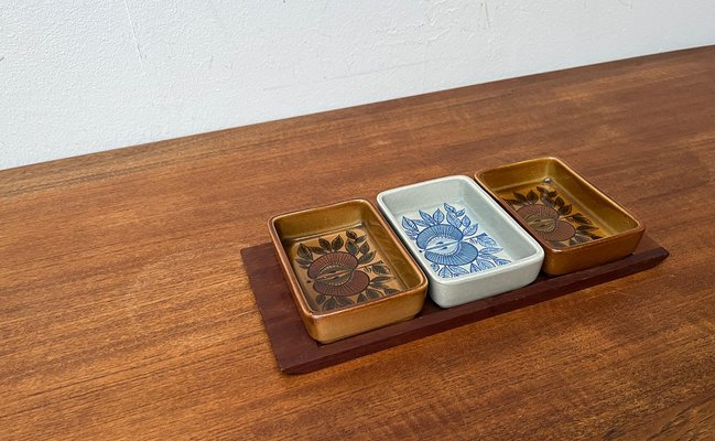 Mid-Century West German Pottery WGP Stacking Bowls with Teak Tray, 1960s, Set of 4-UAH-1796996