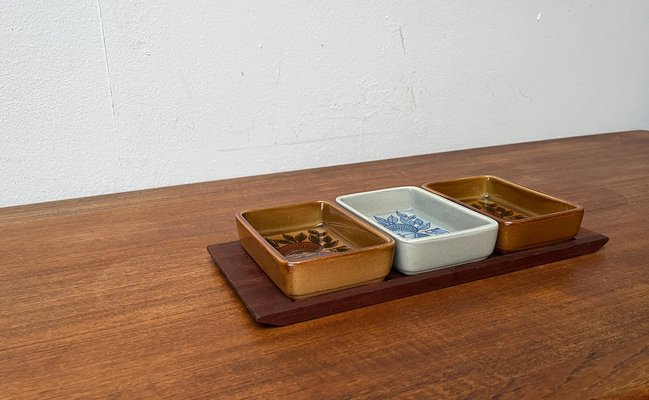 Mid-Century West German Pottery WGP Stacking Bowls with Teak Tray, 1960s, Set of 4-UAH-1796996