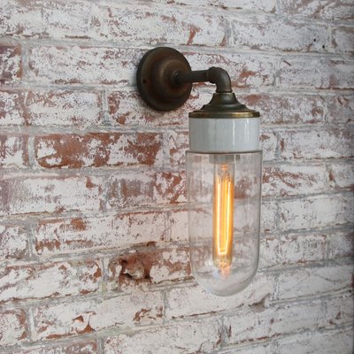 Mid-Century White Brass, Porcelain, and Clear Glass Sconce-BLS-665651