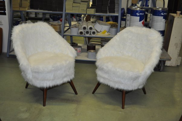 Mid-Century White Faux Fur Lounge Chair, 1950s Set of 2-OXJ-1194140