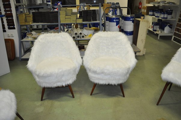 Mid-Century White Faux Fur Lounge Chair, 1950s Set of 2-OXJ-1194140