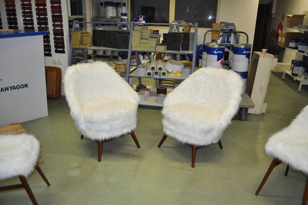 Mid-Century White Faux Fur Lounge Chair, 1950s Set of 2-OXJ-1194140