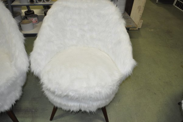 Mid-Century White Faux Fur Lounge Chair, 1950s Set of 2-OXJ-1194140