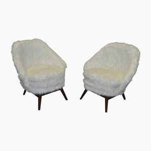 Mid-Century White Faux Fur Lounge Chair, 1950s Set of 2-OXJ-1194140