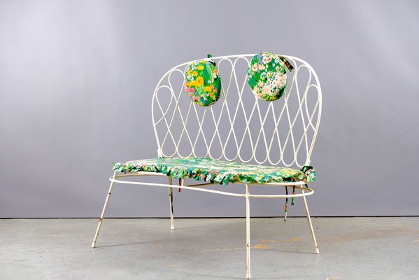 Mid-Century White Flower Power Garden Bench in Iron, 1960s-CIP-938354