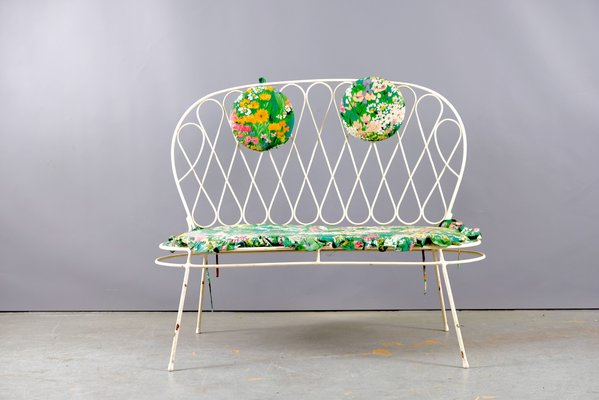 Mid-Century White Flower Power Garden Bench in Iron, 1960s-CIP-938354