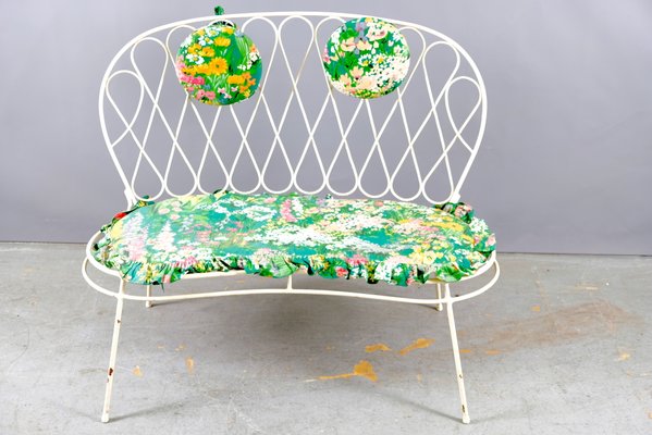 Mid-Century White Flower Power Garden Bench in Iron, 1960s-CIP-938354