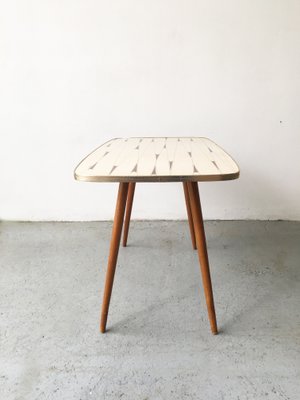 Mid-Century White Formica, Brass, and Oak Coffee Table-GGK-663458