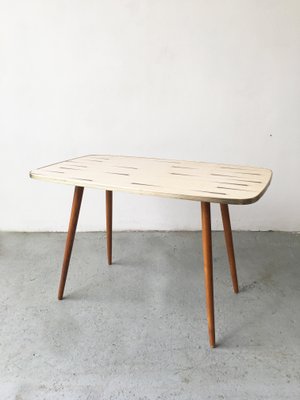 Mid-Century White Formica, Brass, and Oak Coffee Table-GGK-663458