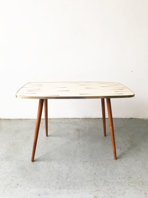 Mid-Century White Formica, Brass, and Oak Coffee Table-GGK-663458