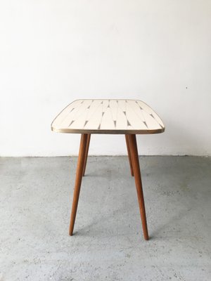 Mid-Century White Formica, Brass, and Oak Coffee Table-GGK-663458