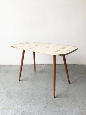 Mid-Century White Formica, Brass, and Oak Coffee Table-GGK-663458