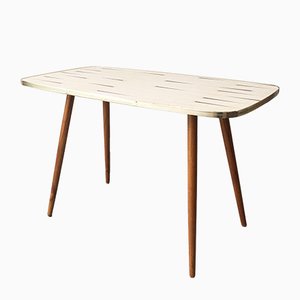 Mid-Century White Formica, Brass, and Oak Coffee Table-GGK-663458