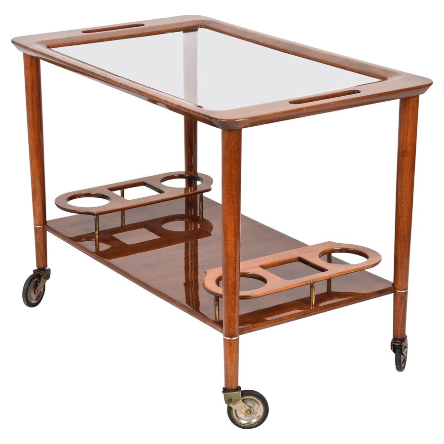 Mid-Century White Walnut Wood Italian Bar Cart by Franco Albini for Cesare Lacca, 1950s