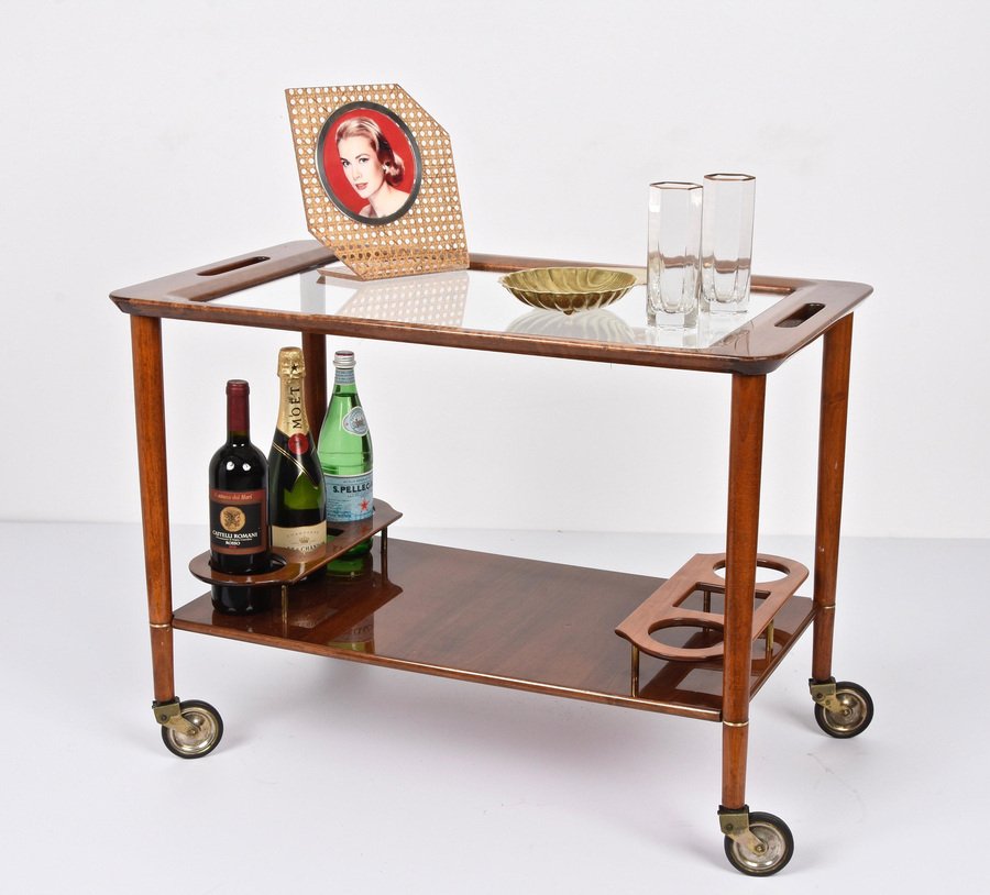 Mid-Century White Walnut Wood Italian Bar Cart by Franco Albini for Cesare Lacca, 1950s