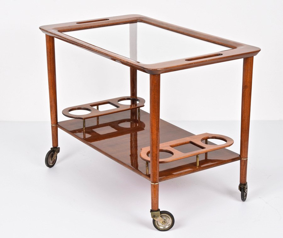 Mid-Century White Walnut Wood Italian Bar Cart by Franco Albini for Cesare Lacca, 1950s