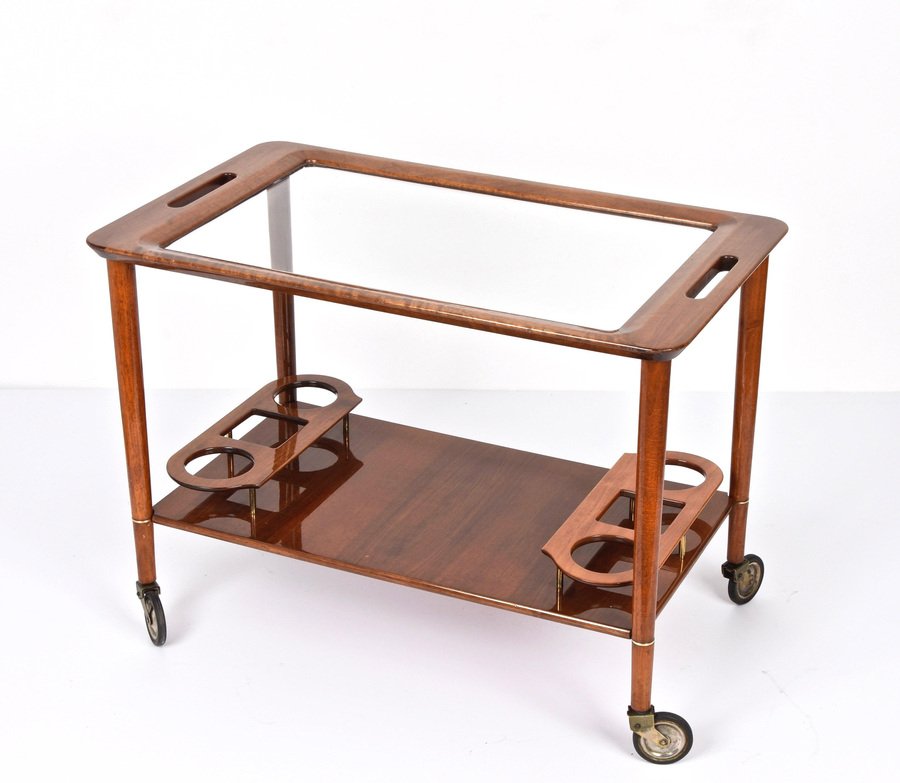 Mid-Century White Walnut Wood Italian Bar Cart by Franco Albini for Cesare Lacca, 1950s