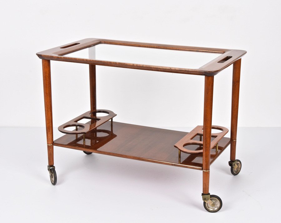 Mid-Century White Walnut Wood Italian Bar Cart by Franco Albini for Cesare Lacca, 1950s