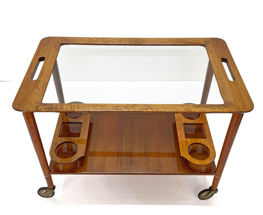 Mid-Century White Walnut Wood Italian Bar Cart by Franco Albini for Cesare Lacca, 1950s