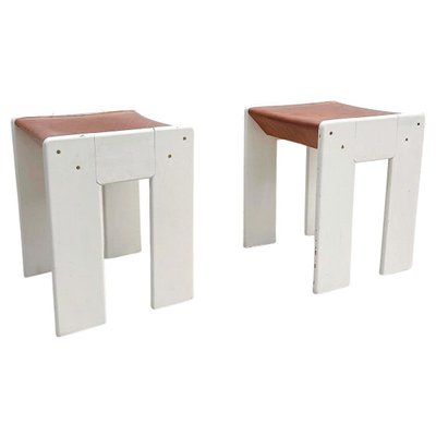 Mid-Century White Wood and Cognac Leather Modern Stools, Italy, 1960s, Set of 2-FGA-1405847