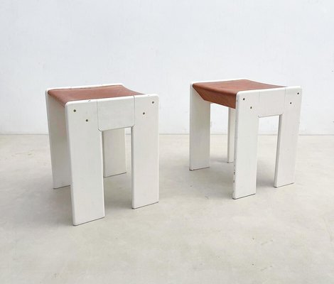 Mid-Century White Wood and Cognac Leather Modern Stools, Italy, 1960s, Set of 2-FGA-1405847