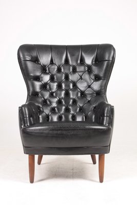 MId-Century Wingback Chair in Patinated Leather, Denmark, 1950s-FK-694939