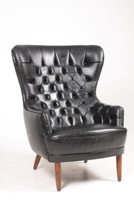 MId-Century Wingback Chair in Patinated Leather, Denmark, 1950s-FK-694939