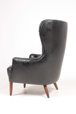 MId-Century Wingback Chair in Patinated Leather, Denmark, 1950s-FK-694939